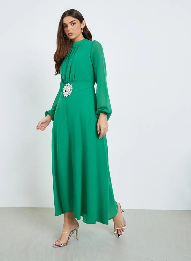 Styli Women Green Embellished Waist Maxi Dress